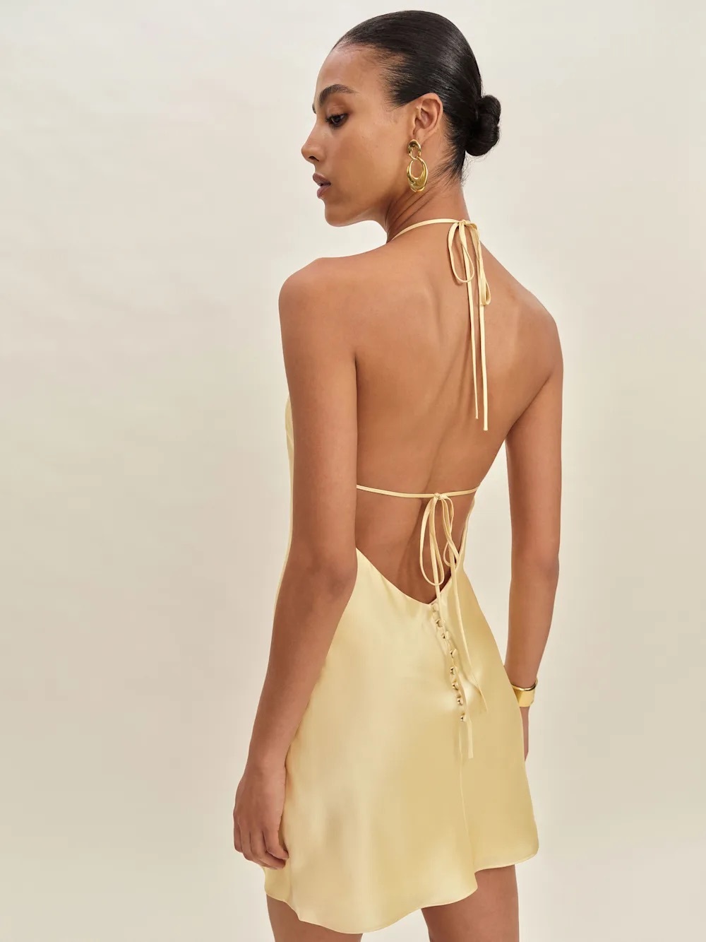 Reformation Jennis Silk Dress | Satin Halter Mini Dress in Light Gold
